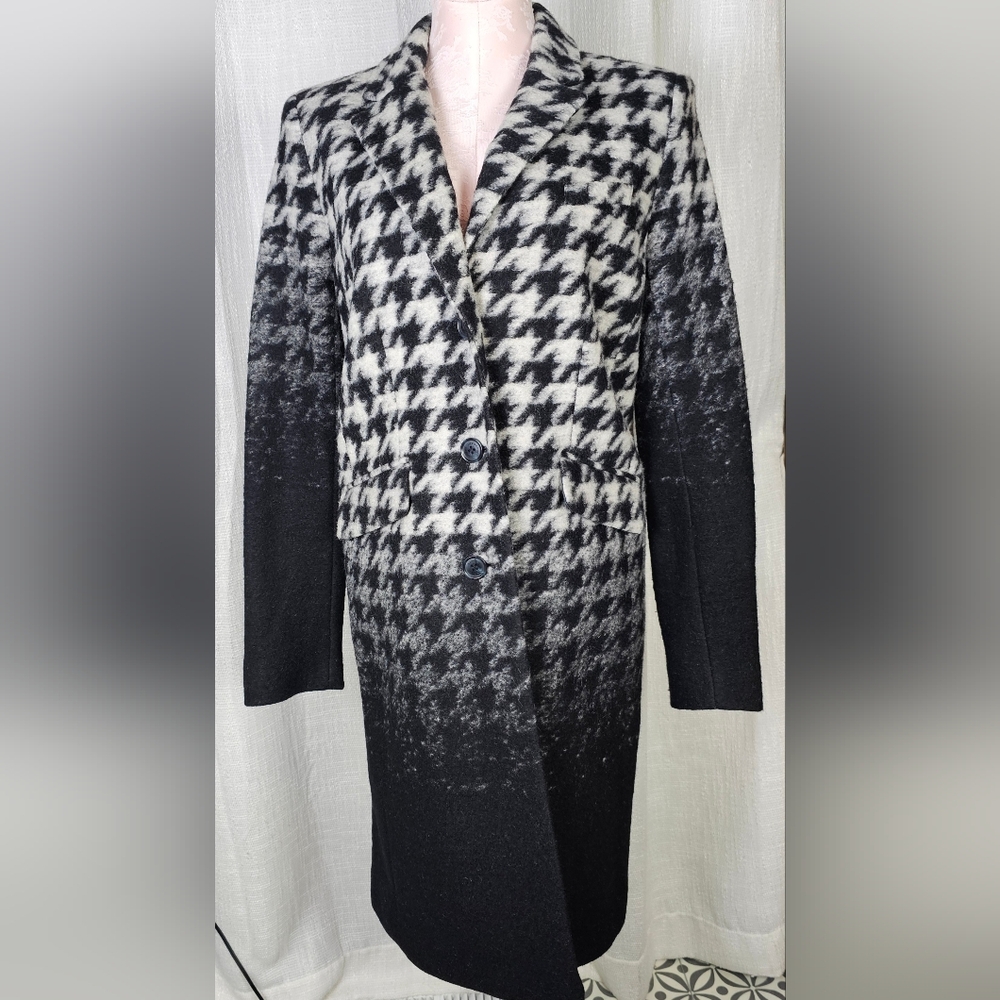 Liz Claiborne Wool Blend Coat Womens Small Black White Ombre Houndstooth Long
